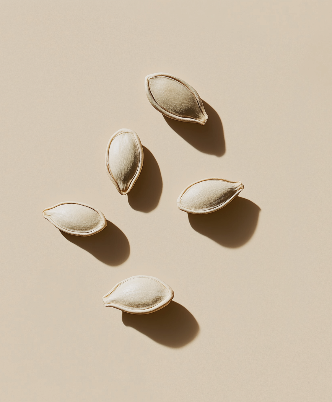 Helle Kürbiskerne liegen auf beigefarbenem Untergrund und werfen weiche Schatten.